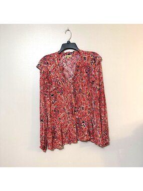 Democracy Womens Red & Black Paisley Print Long Sleeve Blouse XL 100% Rayon